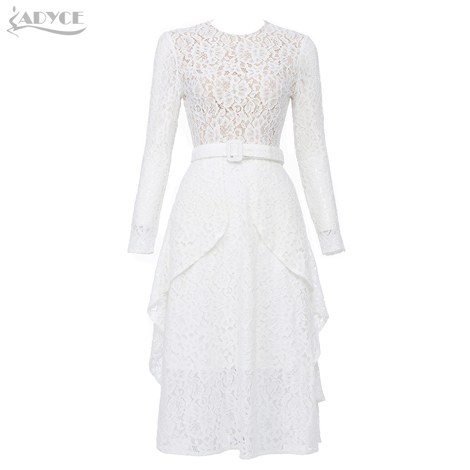 Winter Women White Lace Long Sleeve Dress Sexy Lady O Neck Midi Fashion Celebrity Evening Runway Club Party 210423