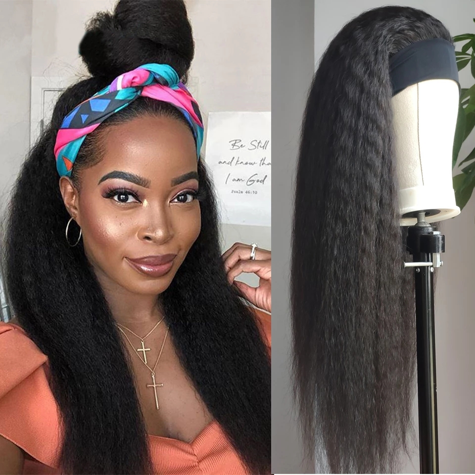 Headband Wigs For Black Women Malaysian Kinky Straight Human Hair With Scarf Synthetic Wig 250 Density