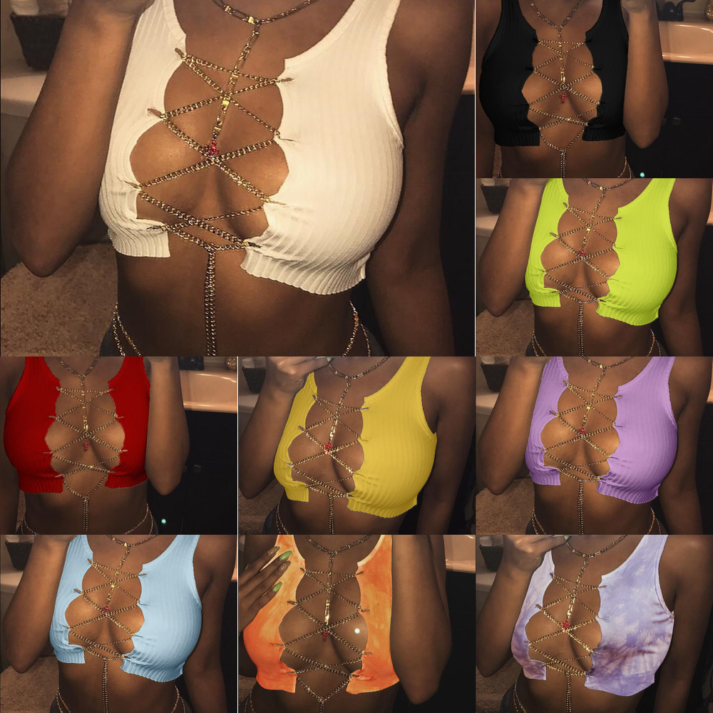 Sexy Top Designers Women Vest Metal Chain Strap Fold Split Fork Breast Wrapping Short Sleeve Fashion Casual Shirts Solid Color, Purple
Sexy Top Designers Women Vest Metal Chain Strap Fold Split Fork Breast Wrapping Short Sleeve Fashion Casual Shirts Solid Color, Purple