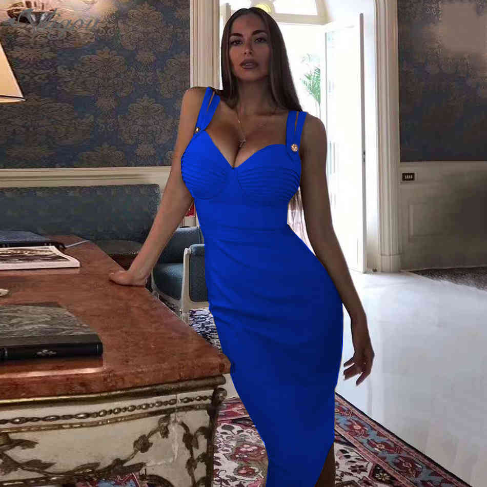 High Quality Red Blue Bodycon Non-Slip Rayon Bandage Dress Sleeveless Sexy Celebrity Party 210525