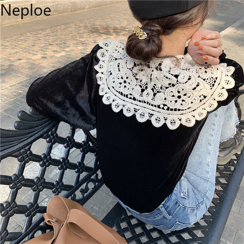 Neploe Blusas Mujer De Moda Korean Vintage Lantern Sleeve Shirts Tops Peter Pan Collar Detachable Velvet Blouses Women 210422