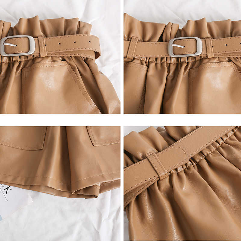 Elastic High Waist Loose PU Leather Shorts Women England Style Sashes Wide Leg Short Ladies Sexy Autumn Winter 210714