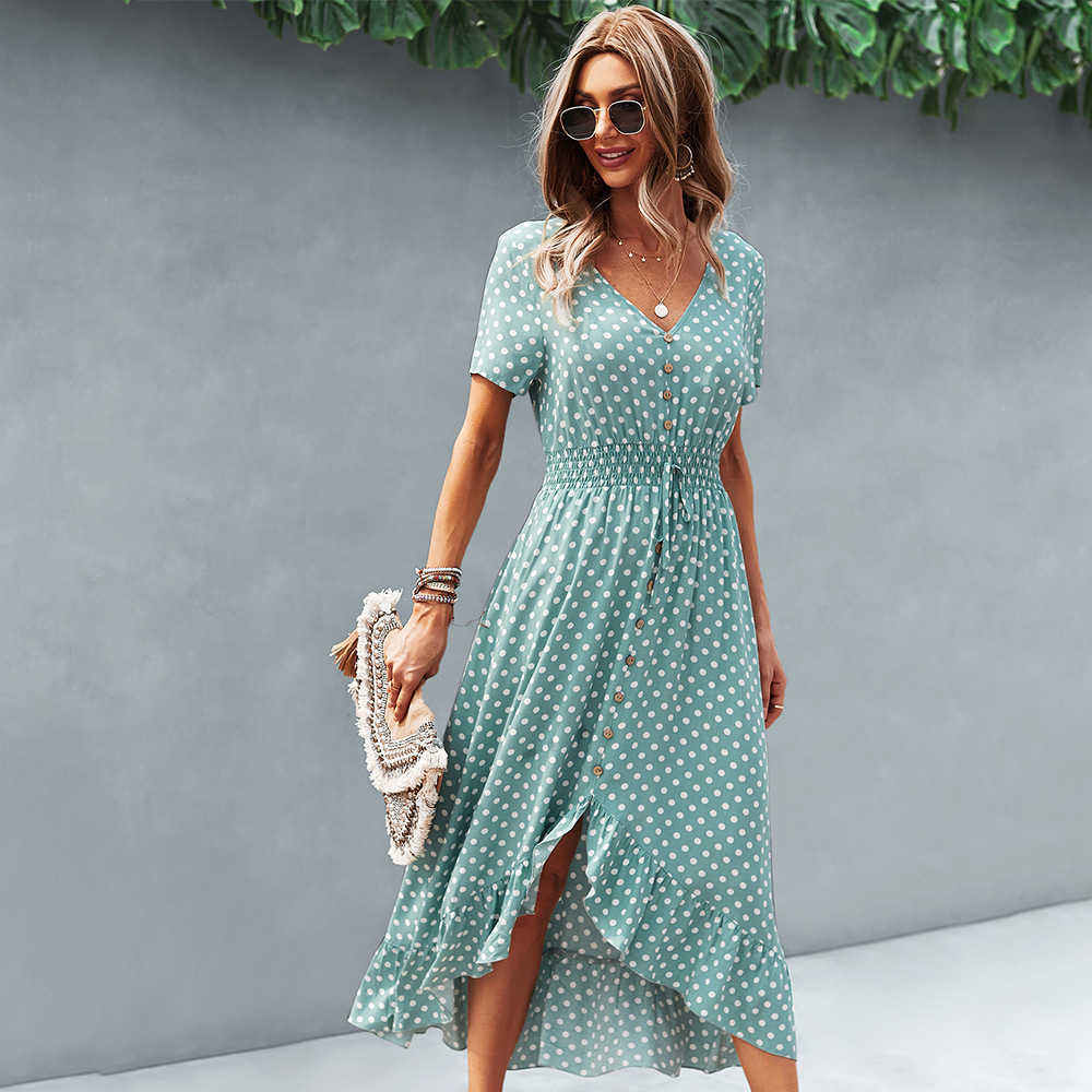 Elegant Beach Women Dress Summer Casual Polka Dot Print V Neck Short Sleeve High Waist Button Ruffle Boho Dresses Vintage 210526