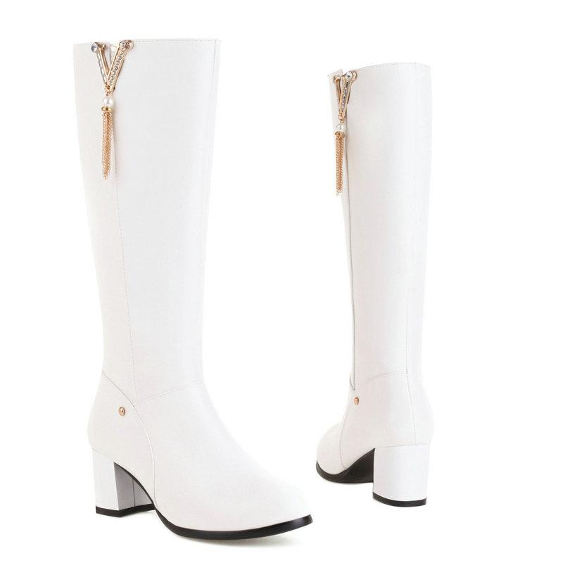 Boots Ladies Winter Fashion Square Heel Zipper Rhinestone Knee High Spring Autumn Metal Decoration Round Toe Long