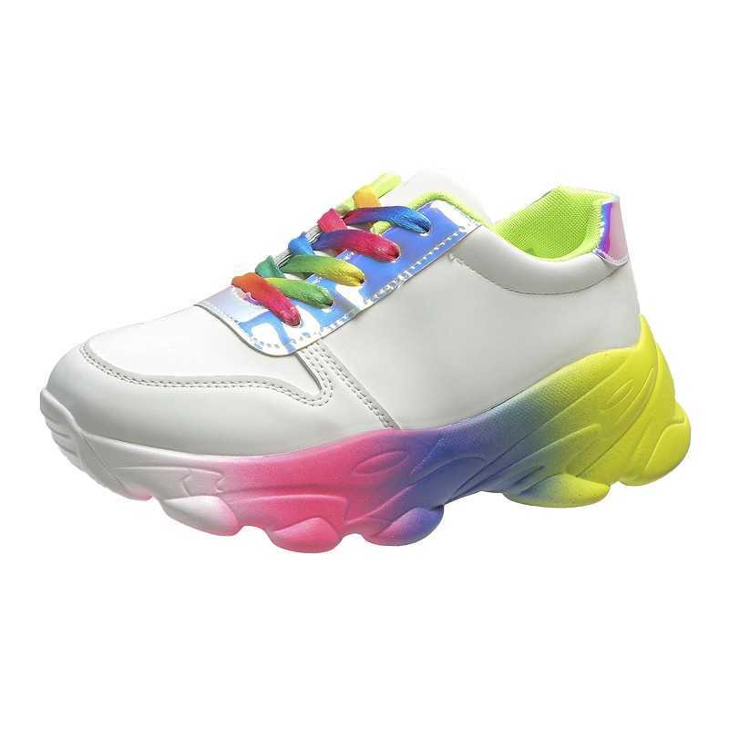 Muffin Flat Bottom Fashion Lace-up Rainbow Sole Thick Bottom White Shoes Women's Summer Thin Sneakers Women's Casual Shoes 2021 Y0907
