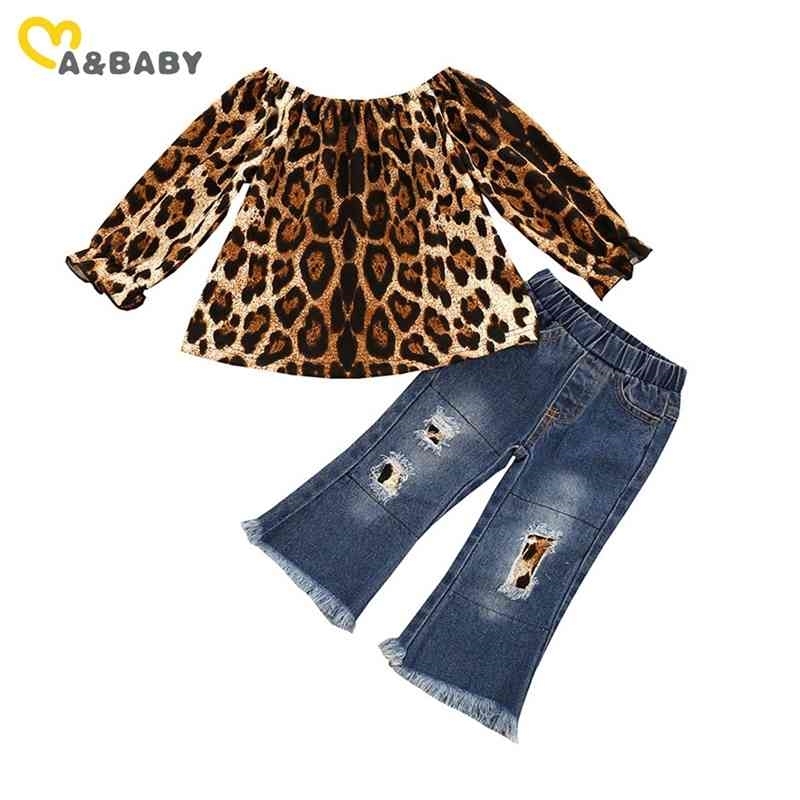 6m-4Y Autumn Winter Toddler Infant Baby Kid Girls Clothes Set Leopard Long Sleeve Top Denim Pants Children Outfits 210515