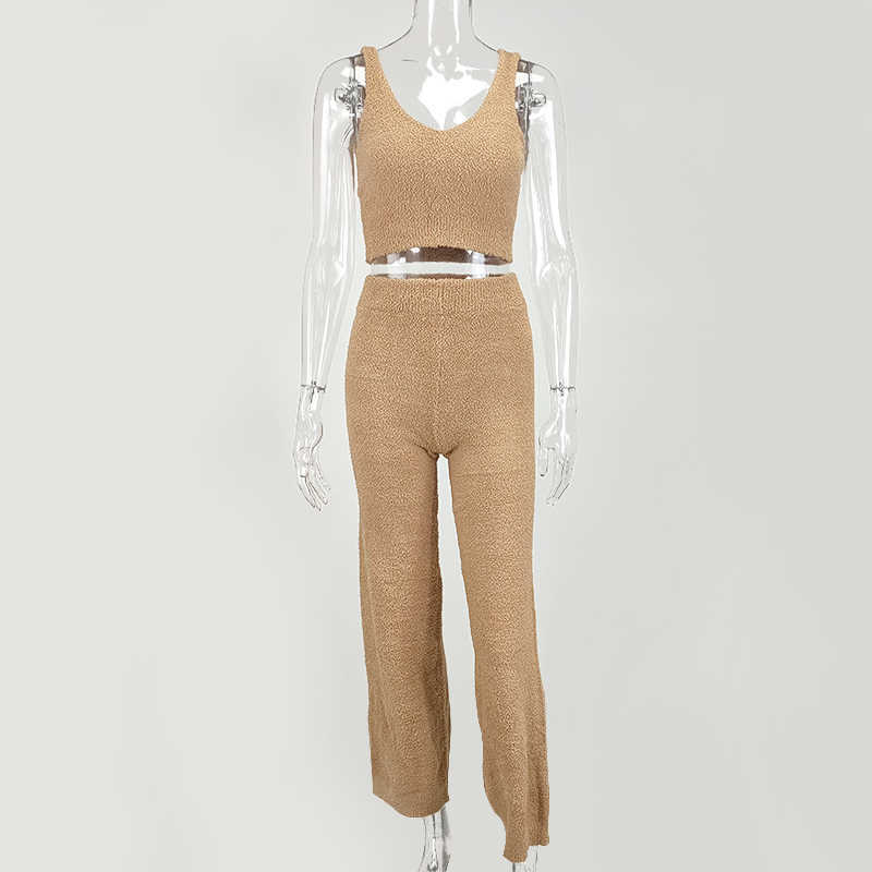 Colysmo Knitted Crop Top And Flared Pants Two Piece Sets Women Autumn Home Wear 2 Outfits Casual Sweater Set 210527