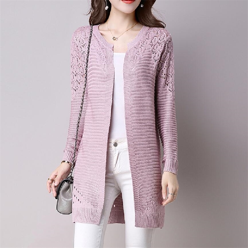 Fall Women Cardigan Solid Color Hollow Out Sweaters Size S-XXL Poncho Full Sleeve Open Stitch Female Knitted Outerwear 210812
