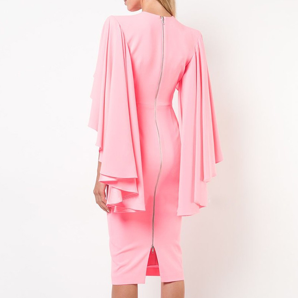 Summer Women Pink Ruffles Bodycon Bandage Dress Sexy O Neck Midi Celebrity Evening Club Party Chic Ladies Dresses 210423