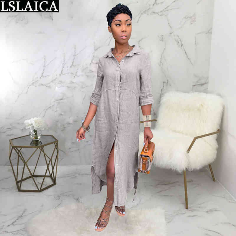 Woman Dress Long Sleeve Solid Loose Shirt Collar Summer Button Elegant Fashion es Women Streetwear Vestido De Mujer 210515