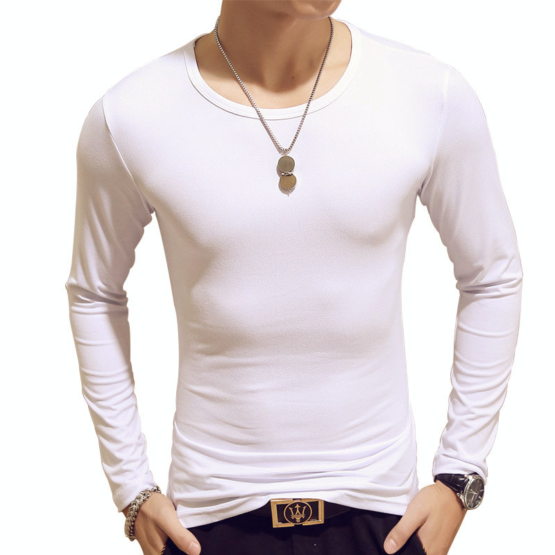 Spring and autumn men's T-shirt long sleeve round neck solid color top bottom coat Korean slim V-neck