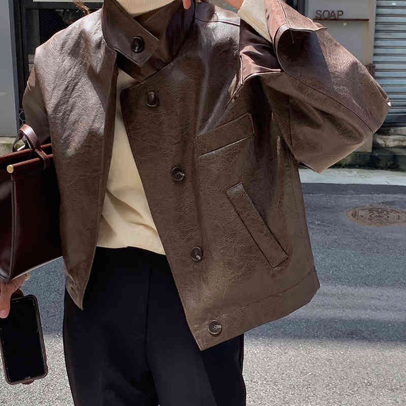 Korean Women's Autumn Handsome Stand Collar Single-breasted Loose Long-sleeve Motorcycle PU Leather Short Coat ZT1074 210427