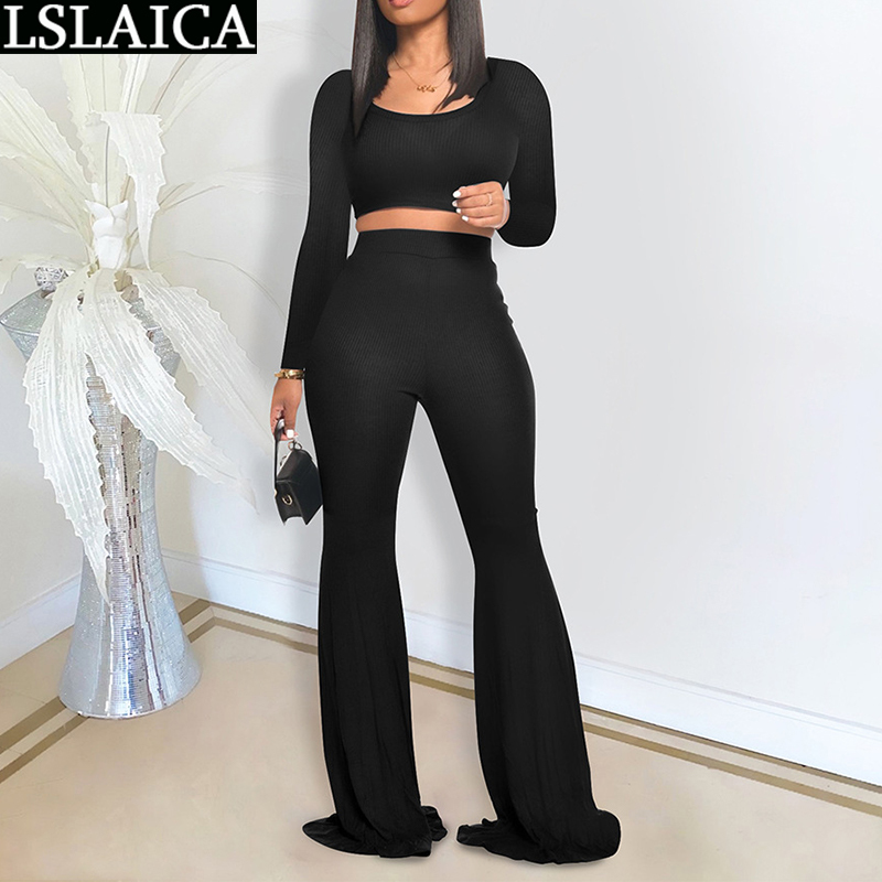 Outfits for Women Solid Exposed Navel Loungewear Slim Flared Pants Long Sleeve Arrival Casual O Neck Two Piece Set 210520