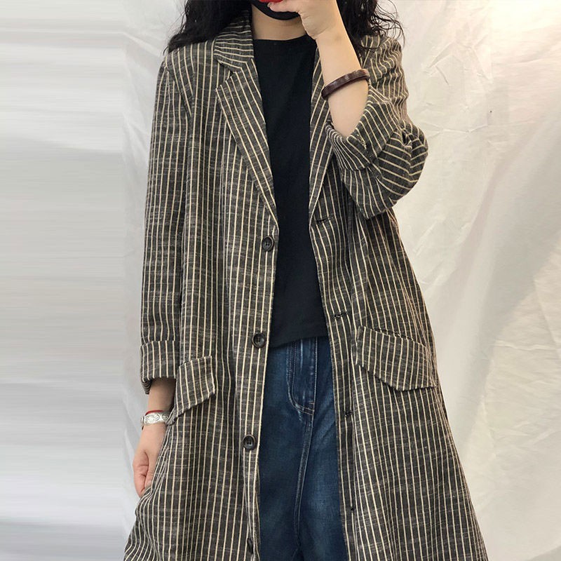 Spring Autumn Arts Style Women Loose Striped Long Trench Coat Single Breasted Cotton Linen Vintage Coats Femme M310 210512