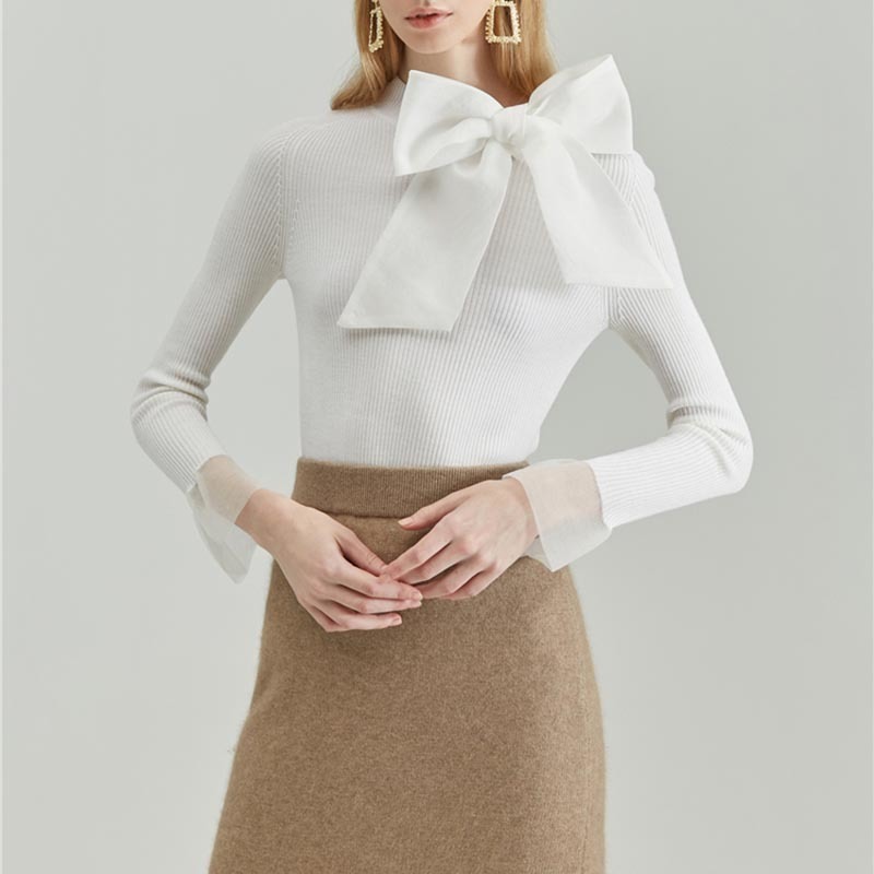 TWOTWINSTYLE Elegant Patchwork Bowknot Sweater For Women O Neck Long Sleeve Slim Knitted Pullovers Female Fashion Clothing 210517