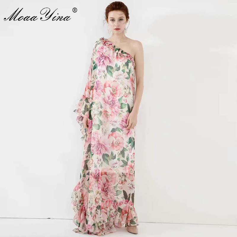 Spring Summer Women Dress One-shoulder Irregular Collar Floral-Print Cascading Ruffle Vacation Party Maxi Dresses 210524