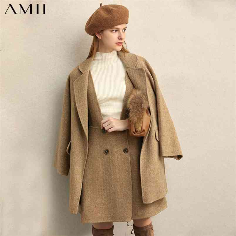 Minimalism Women Winter Set Fashion Lapel Caual Solid Double Woolen Coat Female Vest Mini Skirt 11860083 210527