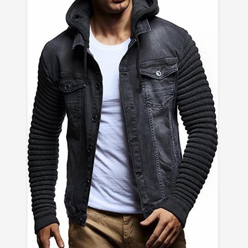 Men's Jackets Lugentolo Hooded Denim Jacket Mens Knitted Long Sleeve Stitching …