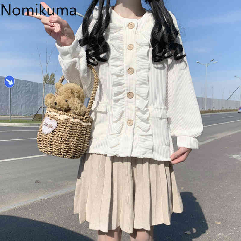 Nomikuma Japan Style Sweet Women Coat Korean Ruffle Patchwork Single Breasted Jacket Autumn Winter Thicken Outerwear 6D323 210427