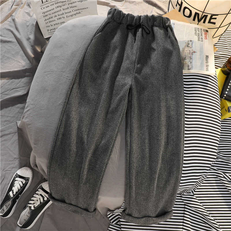 HOUZHOU Winter Warm Wide Leg Pants Women Korean Style Oversized Woolen Jokers Black High Waist Trousers For Female 211115
