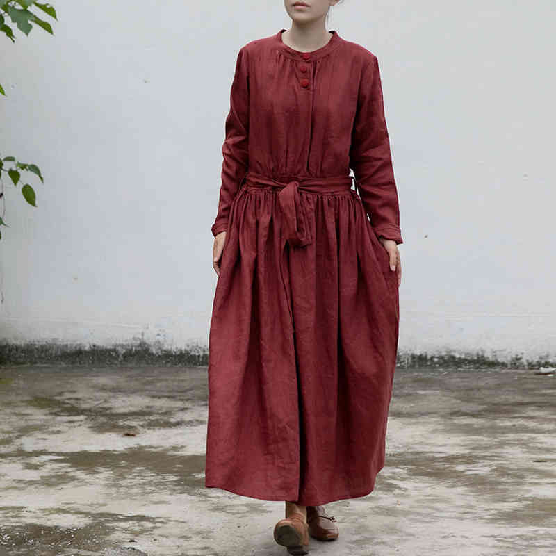 Johnature Women Bandage Vintage Dresses Linen O-Neck Long Sleeve Robes Solid Color Button Loose Spring Chinese Style Dress 210521, Jujube red
Johnature Women Bandage Vintage Dresses Linen O-Neck Long Sleeve Robes Solid Color Button Loose Spring Chinese Style Dress 210521, Jujube red