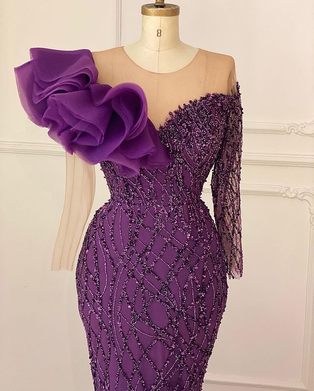 2022 Plus Size Arabic Aso Ebi Purple Mermaid Luxurious Prom Dresses Beaded Tulle Evening Formal Party Second Reception Gowns Dress ZJ566