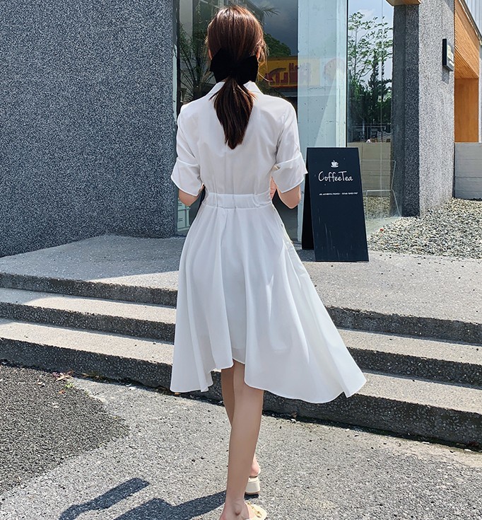 Summer Women Dresses Fashion Vintage Notched Collar Office OL High Waist Irregular Casual White Chic Dress Robe 210519