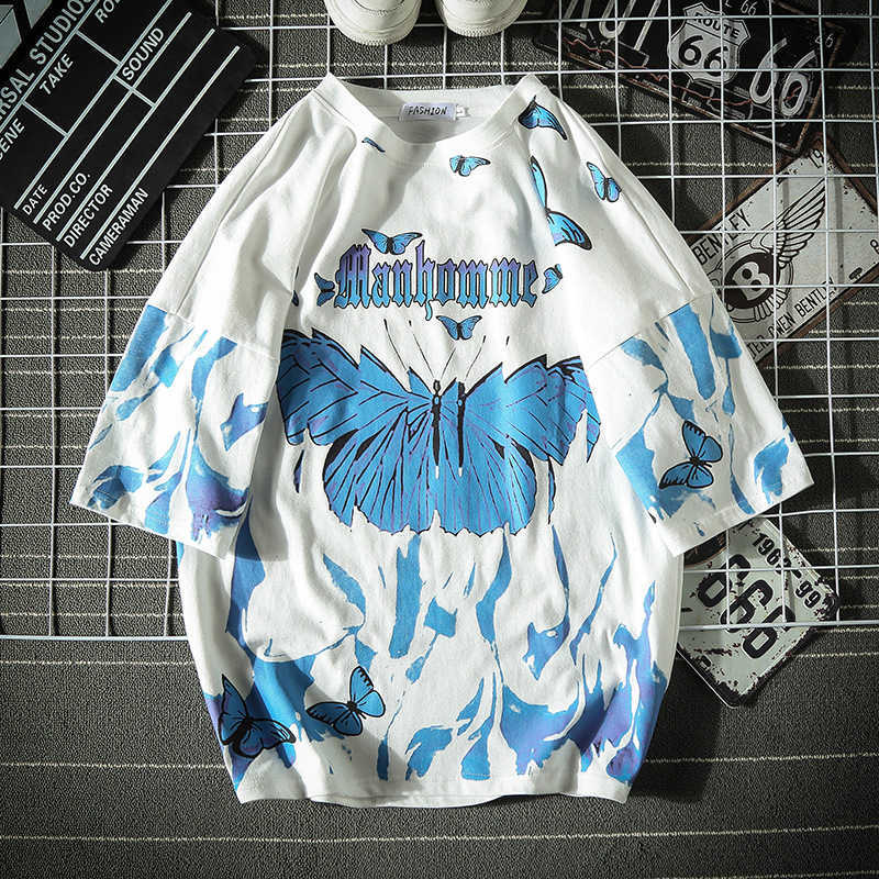 Flame Butterfly T-shirt Men Street Fashion Summer O-Neck Men's Tshirt Hip Hop Harajuku Tee Shirts Loose 100% Cotton Couple Tops 210707