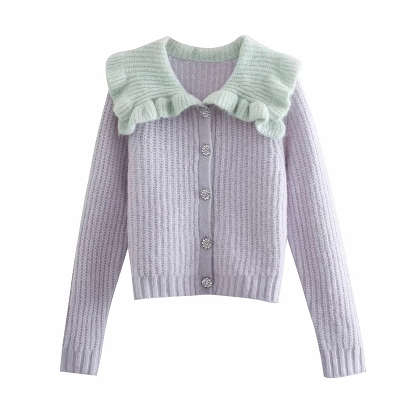 Sweet Woman Loose Purple Patchwork Knit Cardigan Spring Fashion Ladies Peter Pan Collar Knitwear Female Cute Sweaters 210515