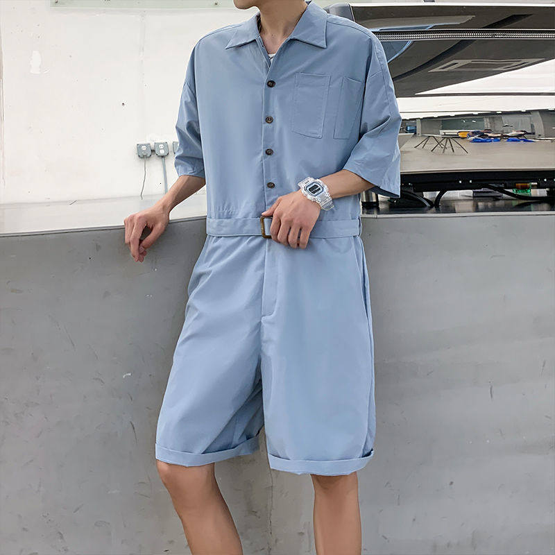 IEFB Jumpsuit Men's Summer Fashion Loose Workwear Overalls Shorts Short Sleeve Lapel Single Breasted Wide Leg Pants 9Y7709 210524