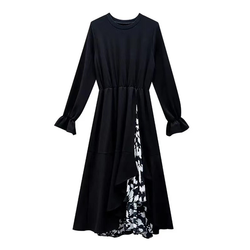 Street Style Irregular Full Sleeve Women Party Dress O Neck Fold Ladies Long Dresses Spring Chic Plus Size Female Robe 210521
