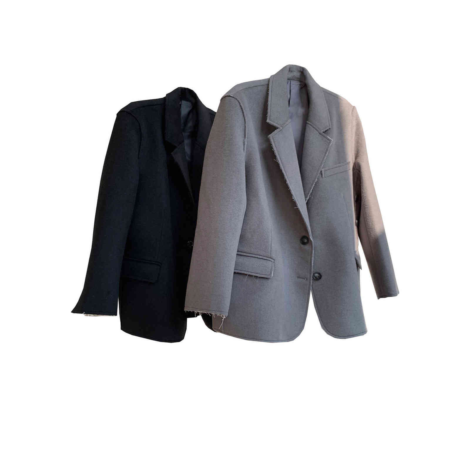 Winter Thickened Woolen Blended Suit Lapel Wide Shoulder Leisure Plus Size Loose Women Black Oversized Blazers And Jackets 211122