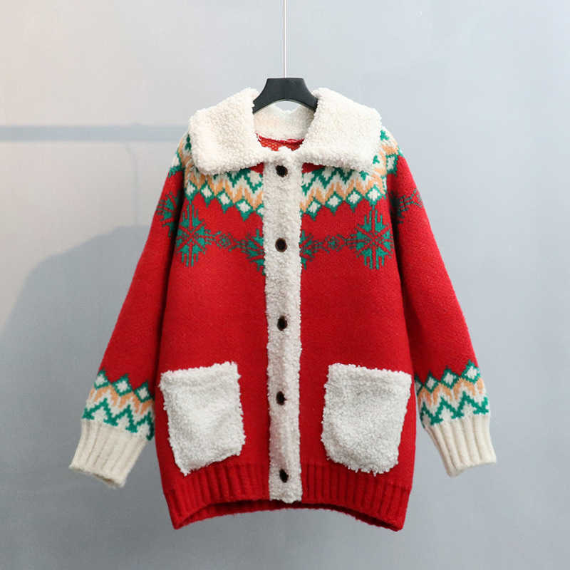 H.SA Women Fleeced Sweater and Cardigans Long Style Vintage Christmas Casual Tops Big Pocket Warm Geometric Knit Jacket 210716