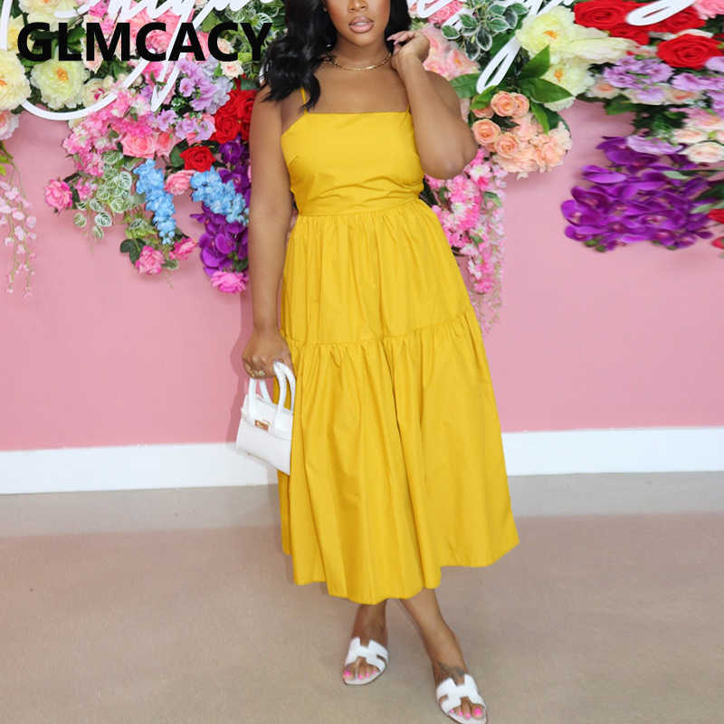 Women Spaghetti Strap Back Bow Knot Deisn Maxi Solid Dress 210702