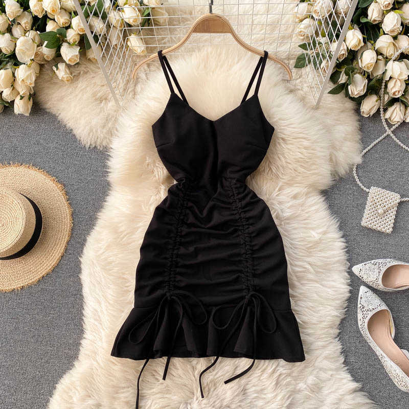 Sexy V-neck Spaghetti Strap Sleeveless Mini Bodycon Dress Summer Women Slim Waist Drawstring Ruched Ruffles Party 210623