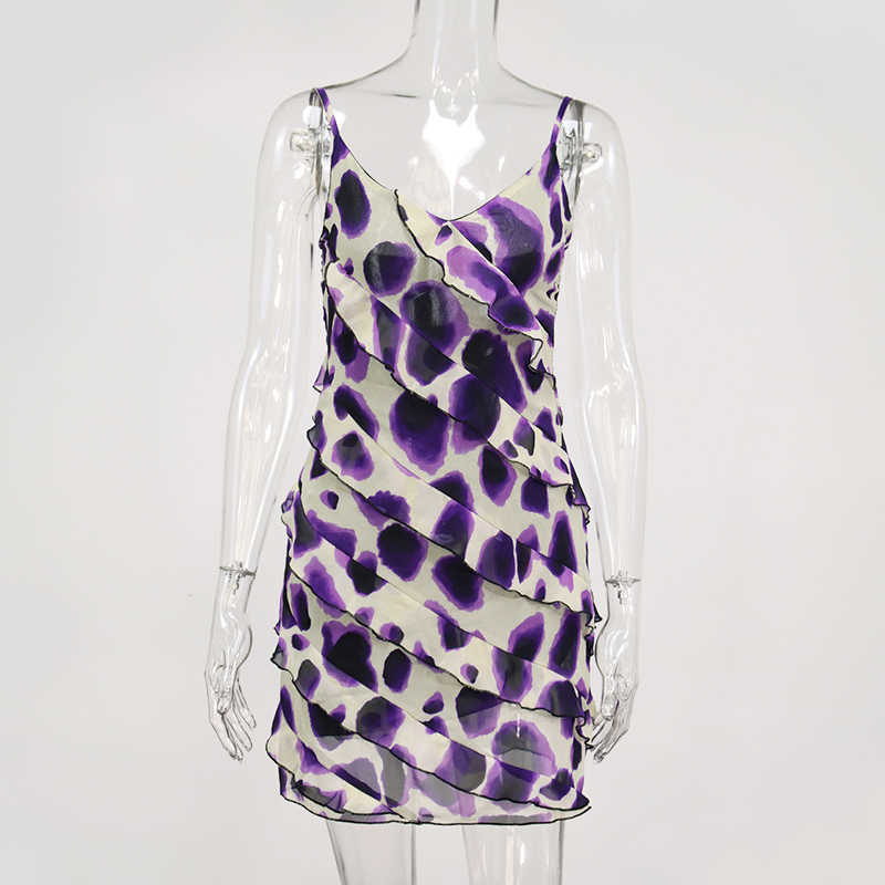 Colysmo Summer Print Dress Women Sexy V Neck Spaghetti Strap Lining Cascading Ruffle Dresses Female Casual Clothing Street Wear 210527