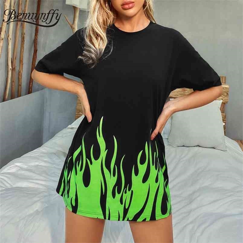 Crew Neck Fire Print Long T-Shirts Women Summer Short Sleeve Casual Female Tees Top Black O-Neck Tshirt 210510