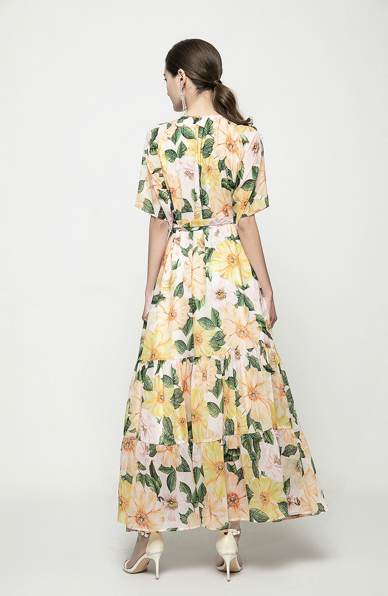 Women's Runway Dress O Neck Short Sleeves Printed Lace Up Sash Belt Fashion Mid Dresses Vestidos