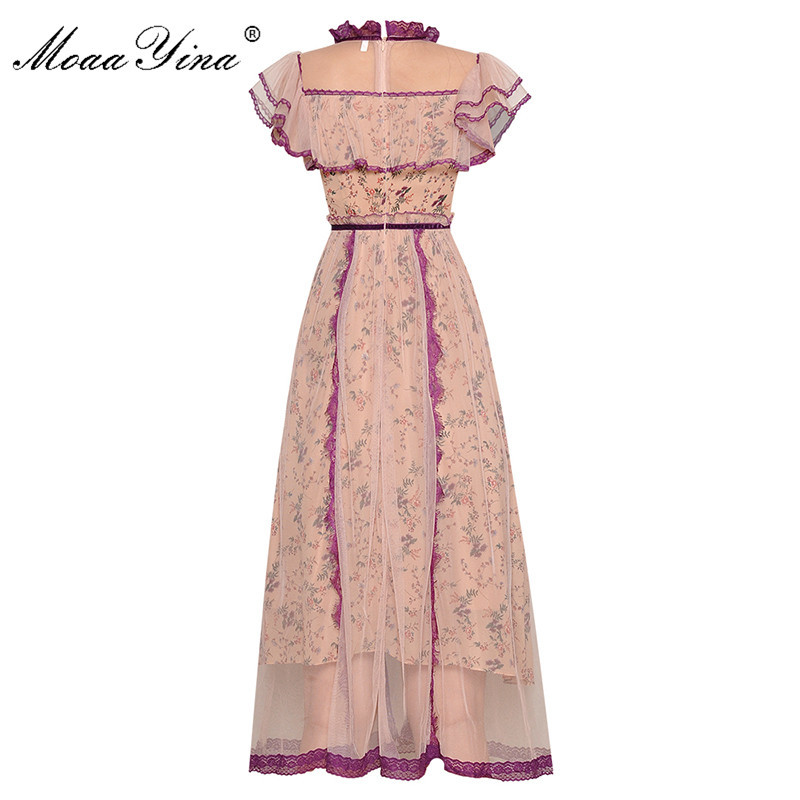 Fashion Runway dress Spring Summer Women's Dress Stand collar Mesh Butterfly Sleeve Floral-Print Lace Elegant Dresses 210524