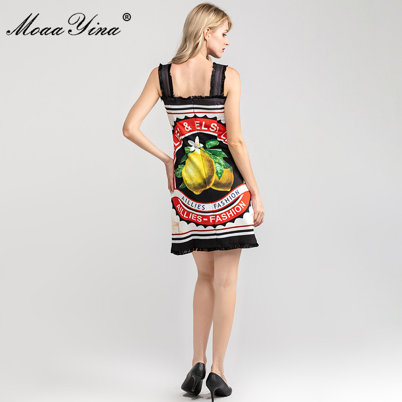 Fashion Runway dress Spring Summer Women's Dress Spaghetti Strap lemon Print Beading Sequined Dresses 210524