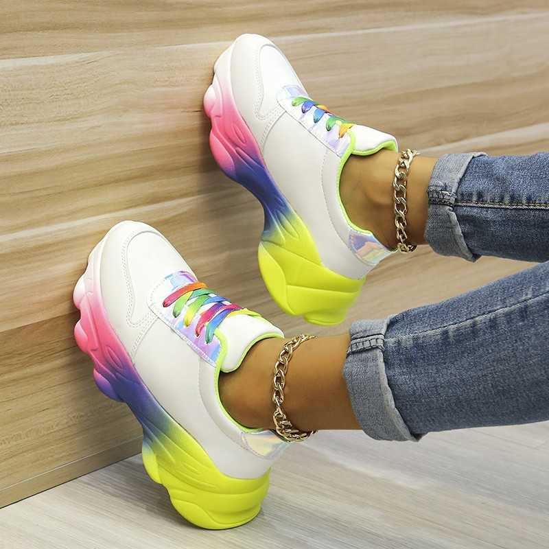 Muffin Flat Bottom Fashion Lace-up Rainbow Sole Thick Bottom White Shoes Women's Summer Thin Sneakers Women's Casual Shoes 2021 Y0907