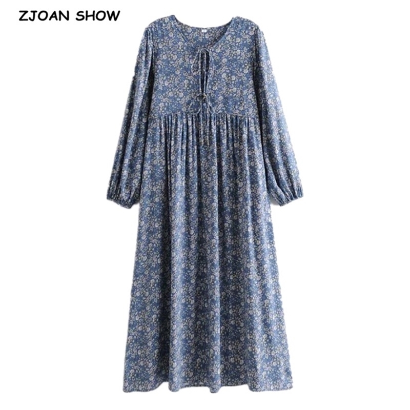 Bohemia Bandage Lacing up Collar Blue Floral Print Dress BOHO Woman Long Sleeve Maxi Holiday Dresses Beach 210429