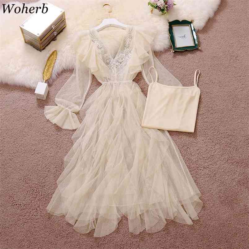 Dresses Women Spring Irregular Dress V-Neck Flare Sleeve Gauze Femme Roupas Korean Suit Sling Base Two-piece Set Vestidos 210519