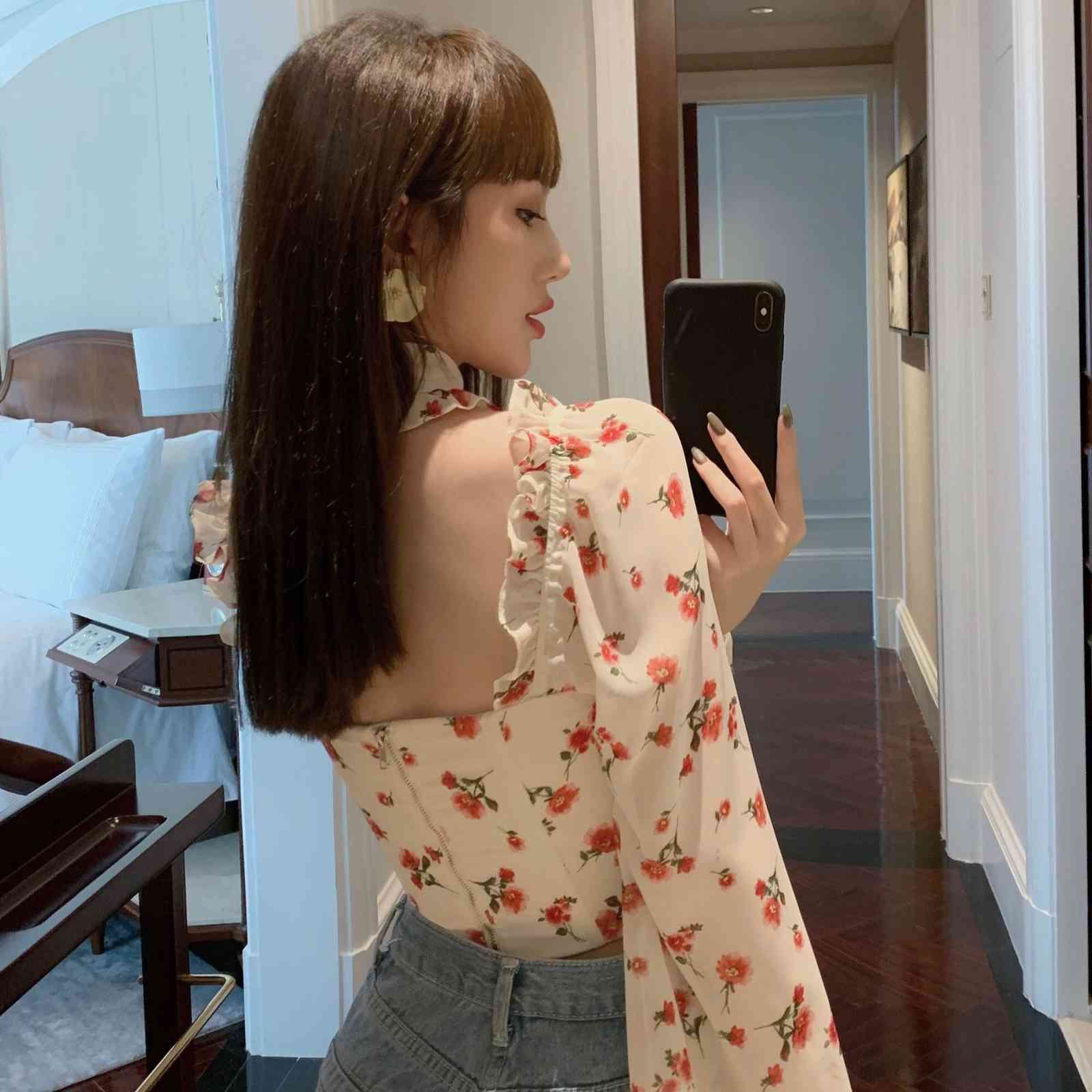 flower print sexy club floral short women tops blouse bodycon slim shirts choker ruffles lace up top blusas mujer de moda 210421