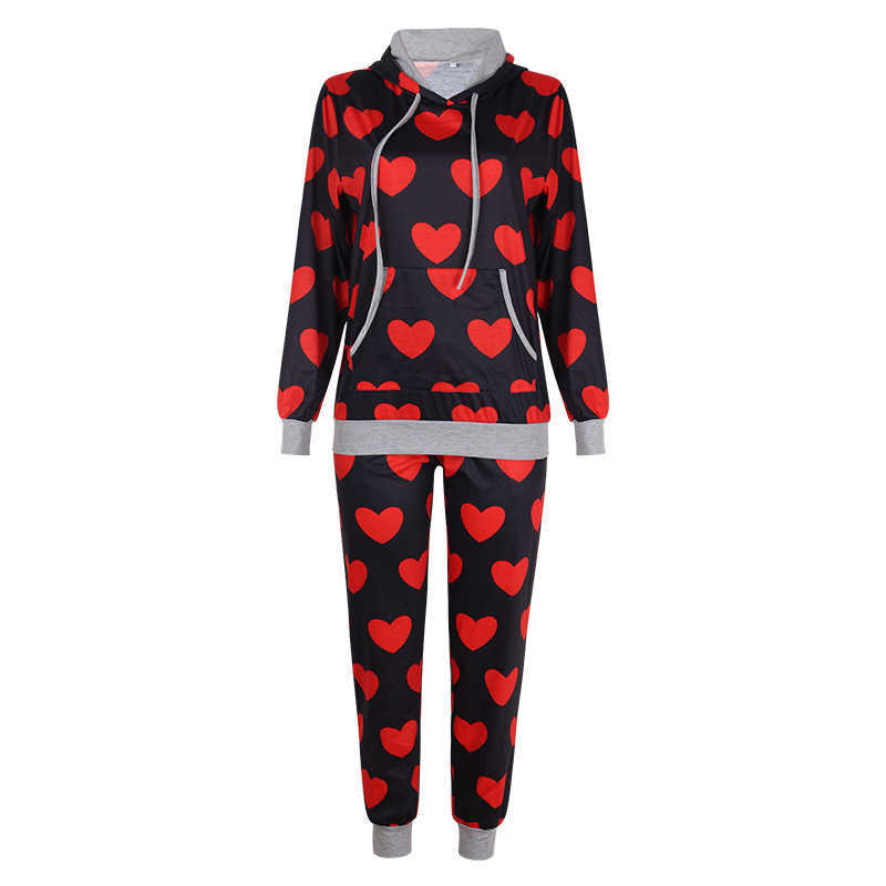 Homewear Women Spring Fall Red Heart Print Front Pocket Pullover Tops+Drawstring High Waist Pencil Pants Ensemble Pantalon Femme 210604