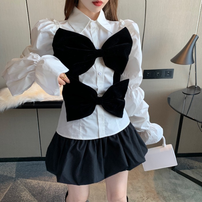Nomikuma Velour Bowknot Patchwork Women Blouse Sweet Pleated Puff Long Sleeve Shirt Spring New Korean Blusas Mujer 6D812 210427