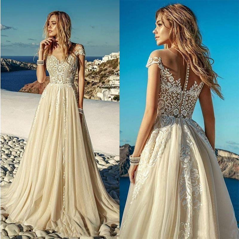 Summer Beach Light Champagne Wedding Dress 2022 Tulle Lace Appliques Long Bridal Gowns robes de mariée Custom Size