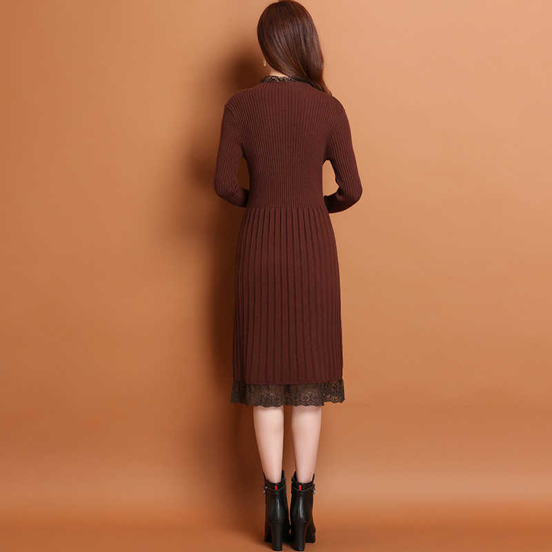 Robe Pull Femme Hiver Lady Korean Style Lace O-neck Long Sleeve Dresses for Women Casual Knee-length Knit Dress Sukienki Damskie 210604