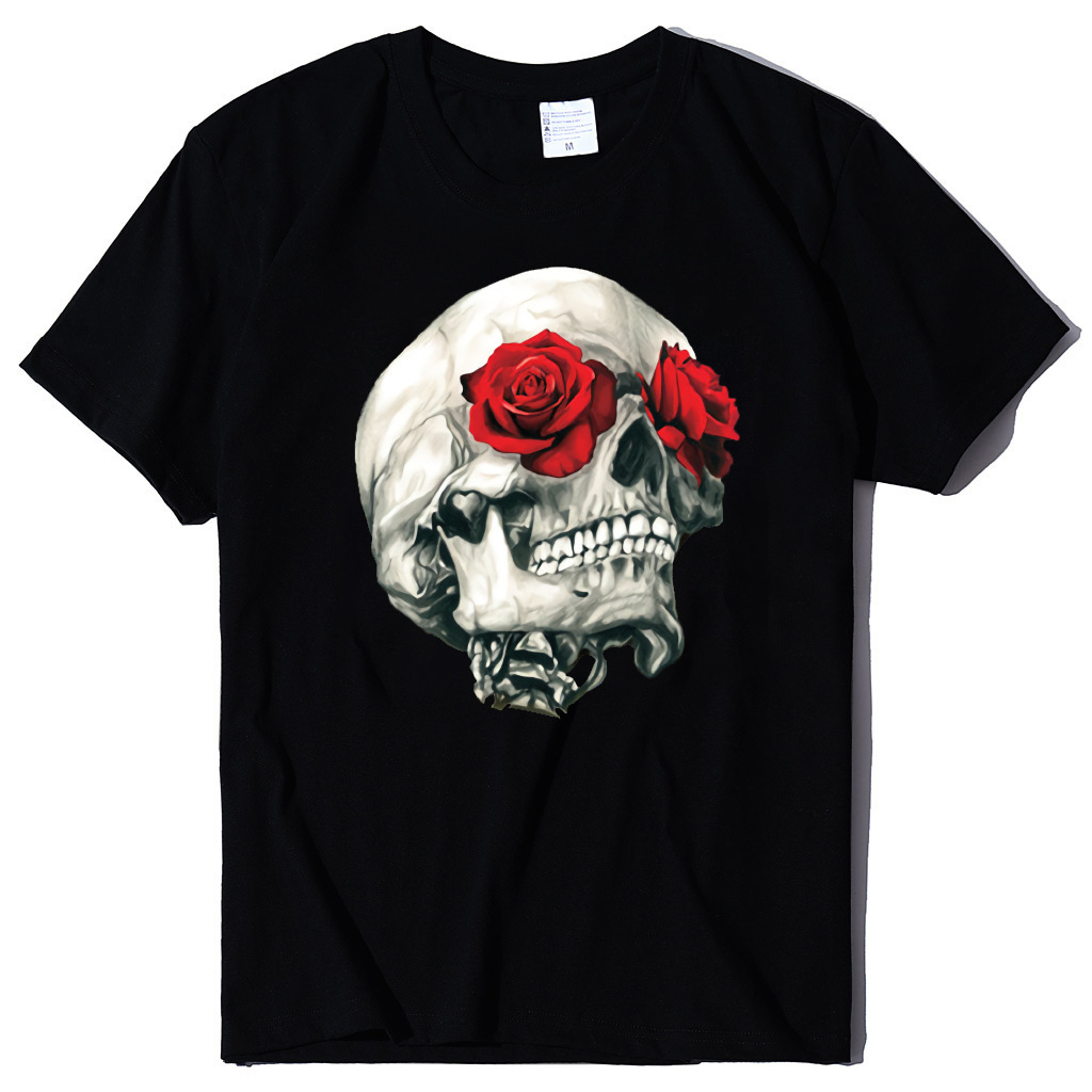 beautiful skull rose print summer men's and women's street trendsetter t-shirt short sve, White
beautiful skull rose print summer men's and women's street trendsetter t-shirt short sve, White