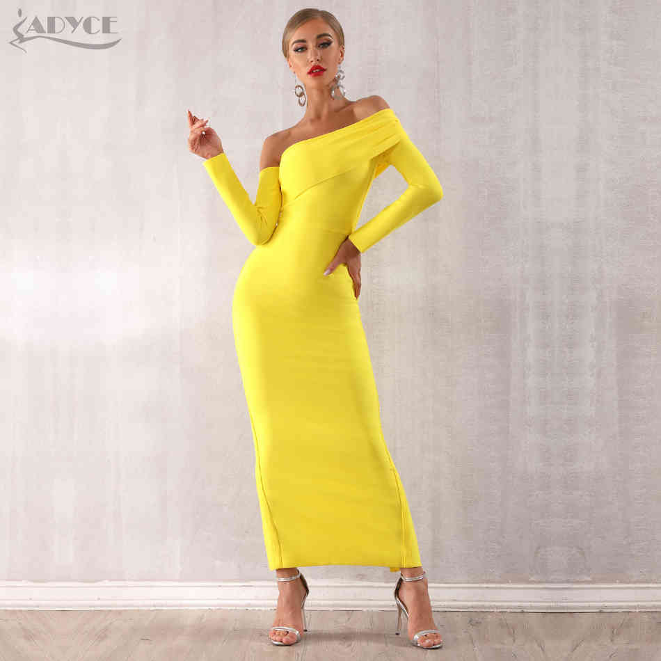 Winter Sexy Women Bandage Dress Long Sleeve Yellow Draped Off Shoulder Maxi Celebrity Evening Party Dresses 210423